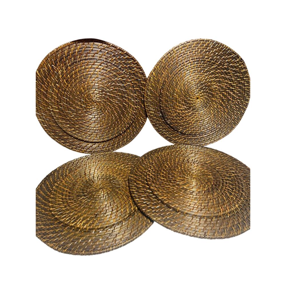 Vintage Rattan Wicker Plate Chargers Brown Boho Rustic Set Of 4 Round